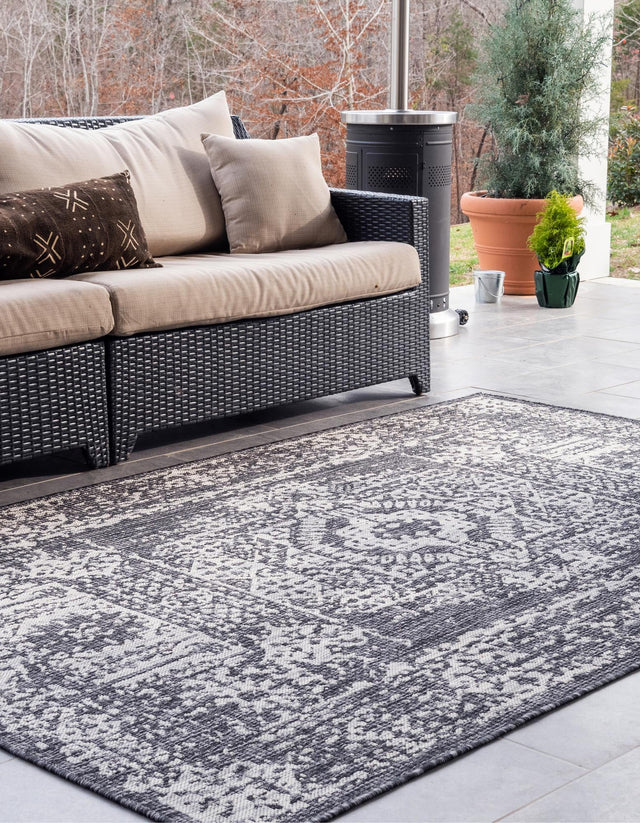 Charcoal Gray 7' 1 x 10' Outdoor Traditional Rectangle Area Rug Weather Resistant for Patio, Deck, Terrace, Balcony, Porch