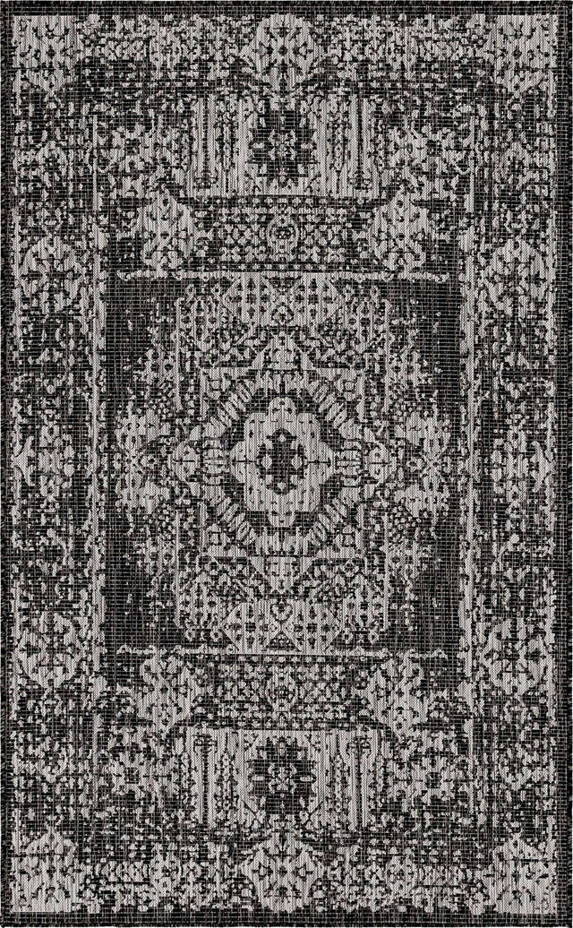 Charcoal Gray 5' 3 x 8' Outdoor Traditional Rectangle Area Rug Weather Resistant for Patio, Deck, Terrace, Balcony, Porch Classical Design Outside Carpet for Sale at Rug Engine