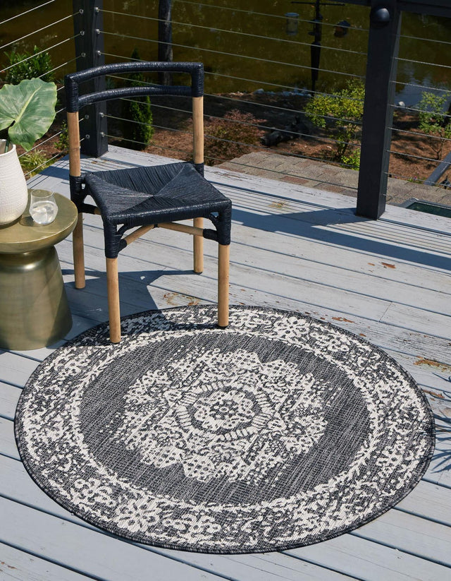 Charcoal Gray 5' 3 x 5' 3 Outdoor Traditional Round Area Rug Weather Resistant for Patio, Deck, Terrace, Balcony, Porch Classical Design Outside Carpet for Sale at Rug Engine