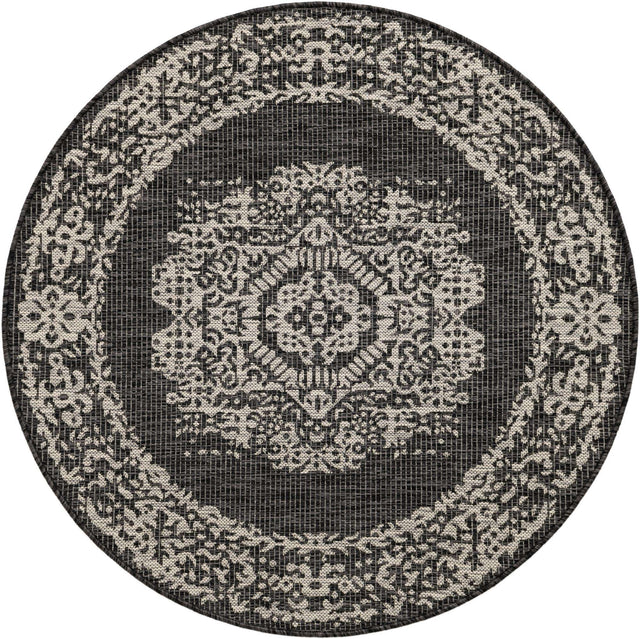Charcoal Gray 4' 1 x 4' 1 Outdoor Traditional Round Area Rug Weather Resistant for Patio, Deck, Terrace, Balcony, Porch Classical Design Outside Carpet for Sale at Rug Engine