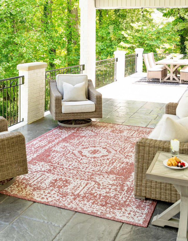 Rust Red 9' x 12' Outdoor Traditional Rectangle Area Rug Weather Resistant for Patio, Deck, Terrace, Balcony, Porch Classical Design Outside Carpet for Sale at Rug Engine