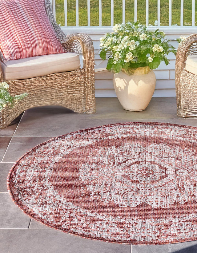Rust Red 4' 1 x 4' 1 Outdoor Traditional Round Area Rug Weather Resistant for Patio, Deck, Terrace, Balcony, Porch Classical Design Outside Carpet for Sale at Rug Engine