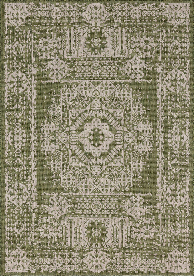 Green 7' 10 x 11' Outdoor Traditional Rectangle Area Rug Weather Resistant for Patio, Deck, Terrace, Balcony, Porch