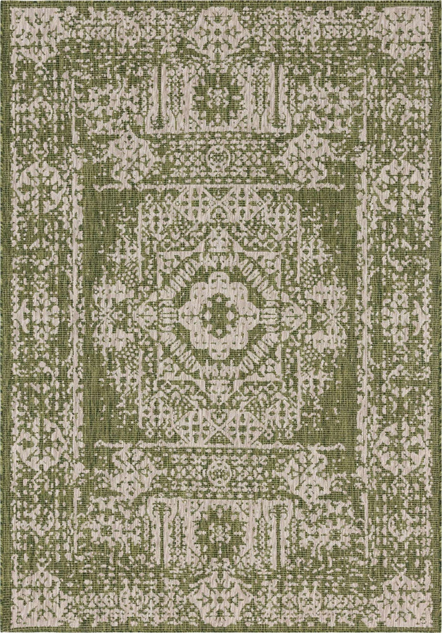 Green 7' 1 x 10' Outdoor Traditional Rectangle Area Rug Weather Resistant for Patio, Deck, Terrace, Balcony, Porch Classical Design Outside Carpet for Sale at Rug Engine