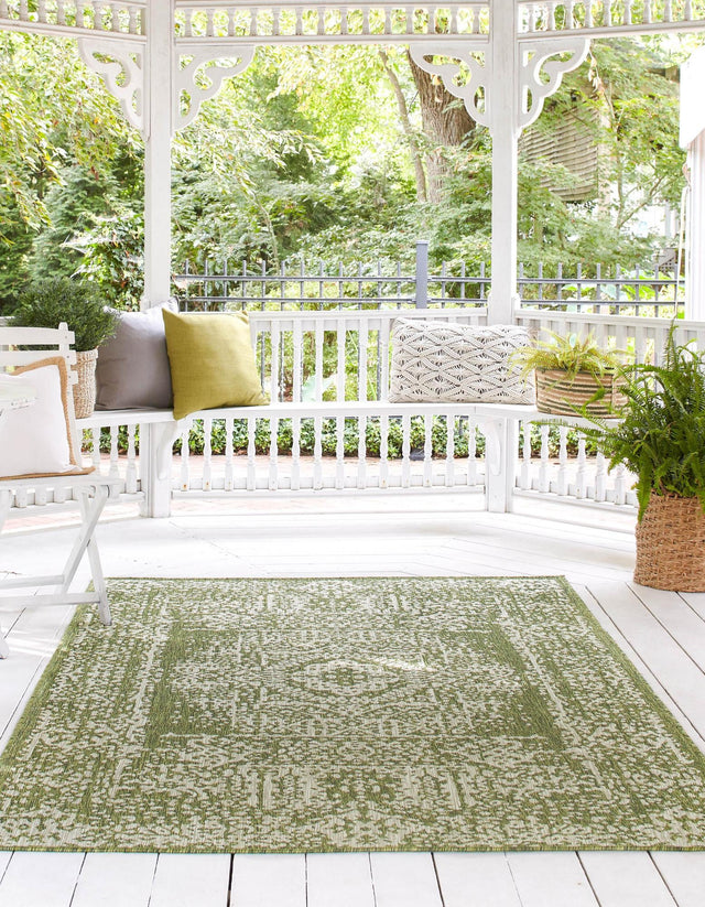 Green 7' 10 x 11' Outdoor Traditional Rectangle Area Rug Weather Resistant for Patio, Deck, Terrace, Balcony, Porch