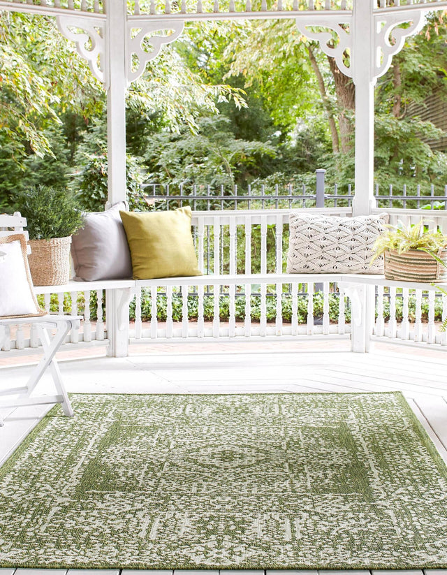 Green 7' 10 x 11' Outdoor Traditional Rectangle Area Rug Weather Resistant for Patio, Deck, Terrace, Balcony, Porch