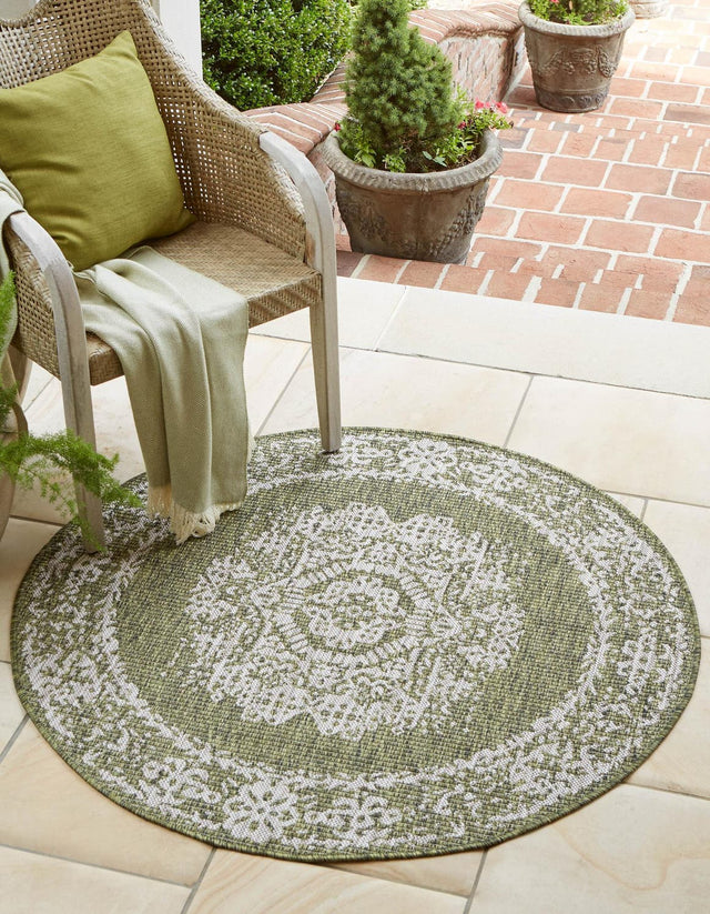 Green 4' 1 x 4' 1 Outdoor Traditional Round Area Rug Weather Resistant for Patio, Deck, Terrace, Balcony, Porch Classical Design Outside Carpet for Sale at Rug Engine