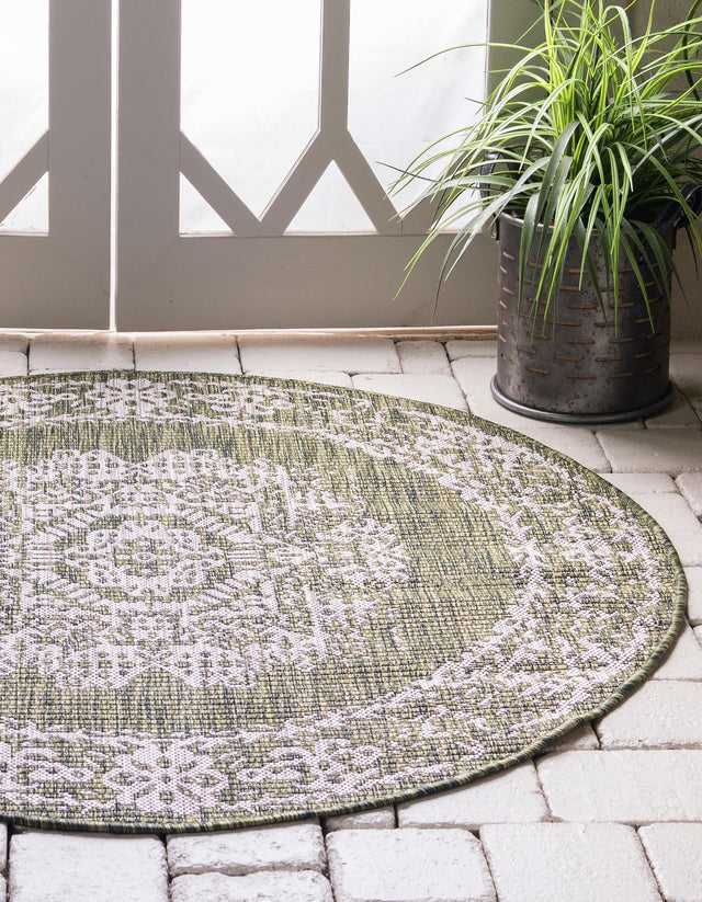 Green 4' 1 x 4' 1 Outdoor Traditional Round Area Rug Weather Resistant for Patio, Deck, Terrace, Balcony, Porch Classical Design Outside Carpet for Sale at Rug Engine