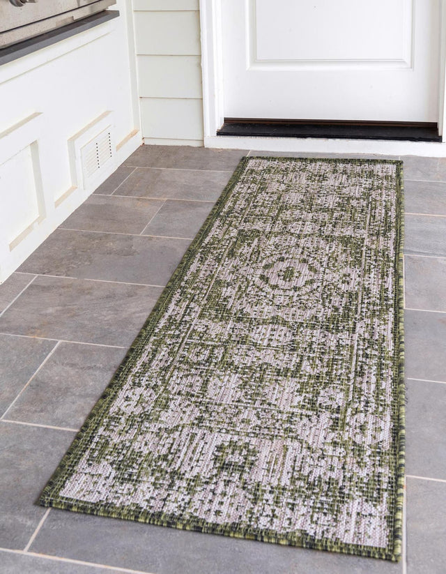 Green 2' 7 x 10' Outdoor Traditional Runner Area Rug Weather Resistant for Patio, Deck, Terrace, Balcony, Porch Classical Design Outside Carpet for Sale at Rug Engine