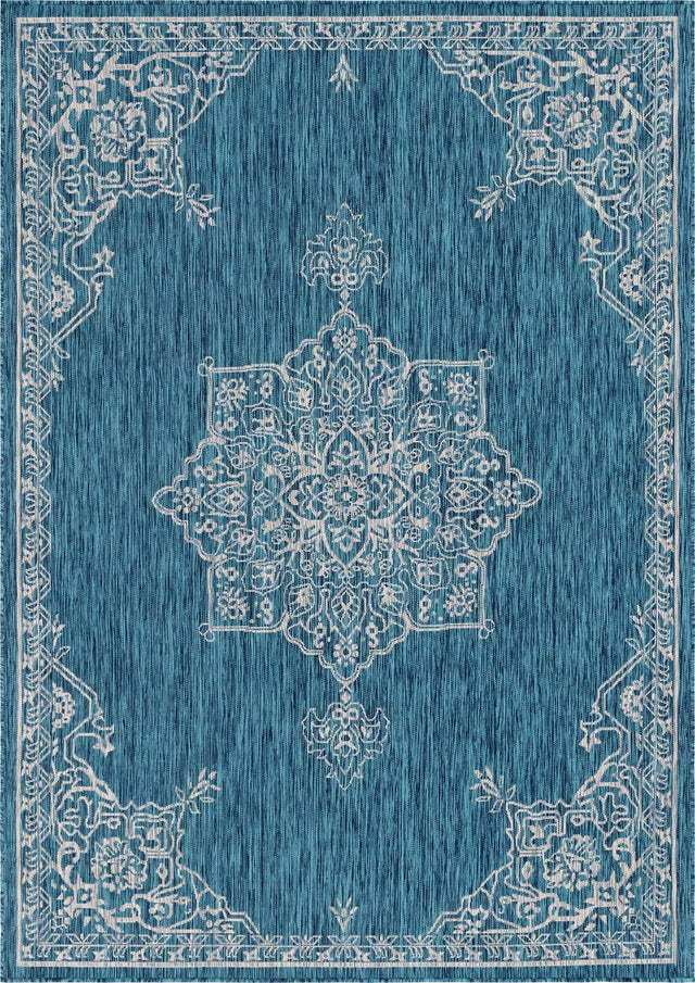 Teal 7' 1 x 10' Outdoor Traditional Rectangle Area Rug Weather Resistant for Patio, Deck, Terrace, Balcony, Porch Classical Design Outside Carpet for Sale at Rug Engine