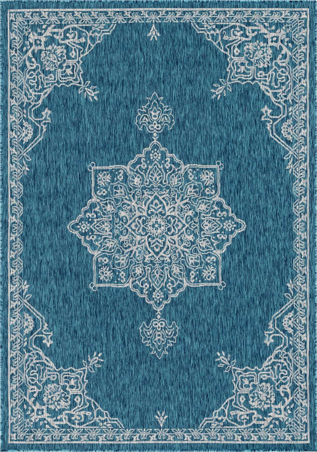 Teal 6' 1 x 9' Outdoor Traditional Rectangle Area Rug Weather Resistant for Patio, Deck, Terrace, Balcony, Porch Classical Design Outside Carpet for Sale at Rug Engine