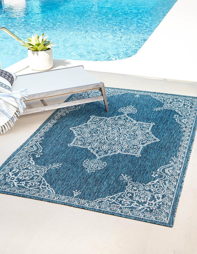 Teal 9' x 12' Outdoor Traditional Rectangle Area Rug Weather Resistant for Patio, Deck, Terrace, Balcony, Porch Classical Design Outside Carpet for Sale at Rug Engine