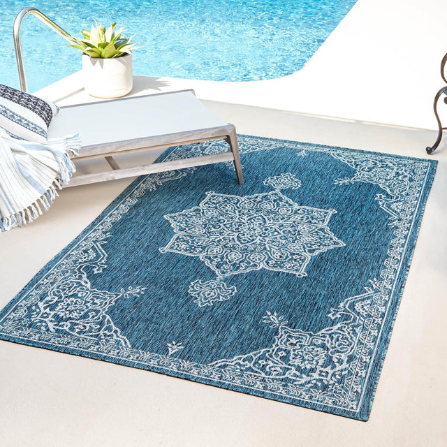 Teal 4' 1 x 6' 1 Outdoor Traditional Rectangle Area Rug Weather Resistant for Patio, Deck, Terrace, Balcony, Porch Classical Design Outside Carpet for Sale at Rug Engine