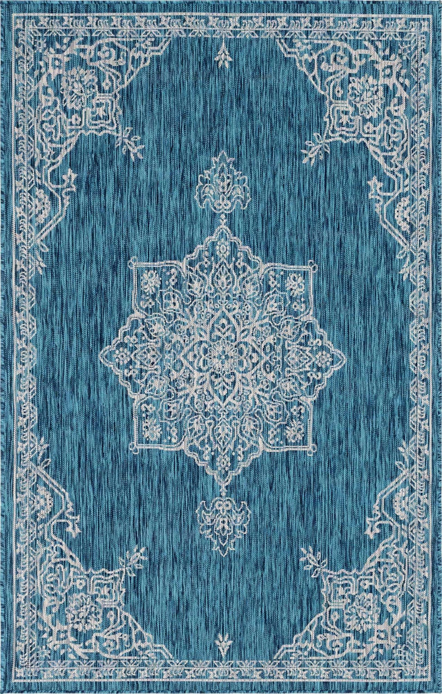 Teal 5' 3 x 8' Outdoor Traditional Rectangle Area Rug Weather Resistant for Patio, Deck, Terrace, Balcony, Porch Classical Design Outside Carpet for Sale at Rug Engine