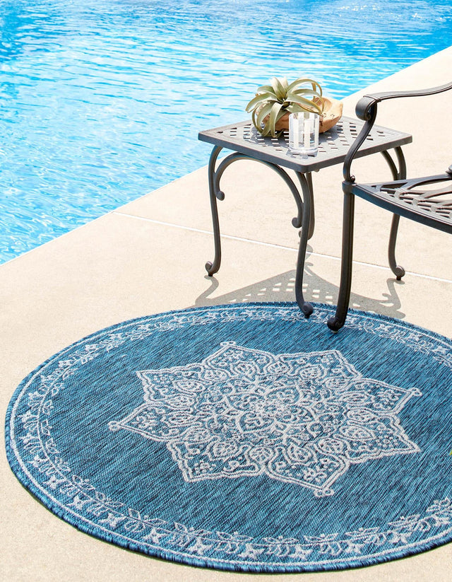 Teal 7' 10 x 7' 10 Outdoor Traditional Round Area Rug Weather Resistant for Patio, Deck, Terrace, Balcony, Porch Classical Design Outside Carpet for Sale at Rug Engine