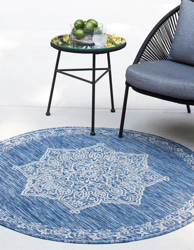 Blue 4' 1 x 4' 1 Outdoor Traditional Round Area Rug Weather Resistant for Patio, Deck, Terrace, Balcony, Porch Classical Design Outside Carpet for Sale at Rug Engine