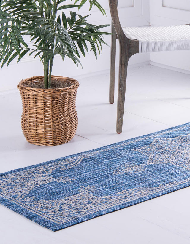 Blue 2' x 6' 1 Outdoor Traditional Runner Area Rug Weather Resistant for Patio, Deck, Terrace, Balcony, Porch Classical Design Outside Carpet for Sale at Rug Engine