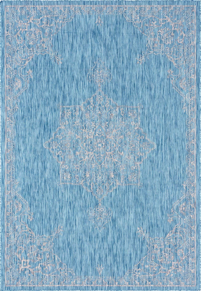 Light Aqua 7' 1 x 10' Outdoor Traditional Rectangle Area Rug Weather Resistant for Patio, Deck, Terrace, Balcony, Porch Classical Design Outside Carpet for Sale at Rug Engine