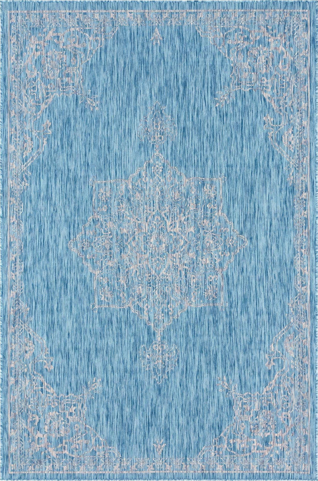Light Aqua 6' 1 x 9' Outdoor Traditional Rectangle Area Rug Weather Resistant for Patio, Deck, Terrace, Balcony, Porch Classical Design Outside Carpet for Sale at Rug Engine