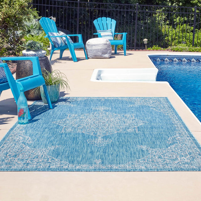 Light Aqua 9' x 12' Outdoor Traditional Rectangle Area Rug Weather Resistant for Patio, Deck, Terrace, Balcony, Porch Classical Design Outside Carpet for Sale at Rug Engine