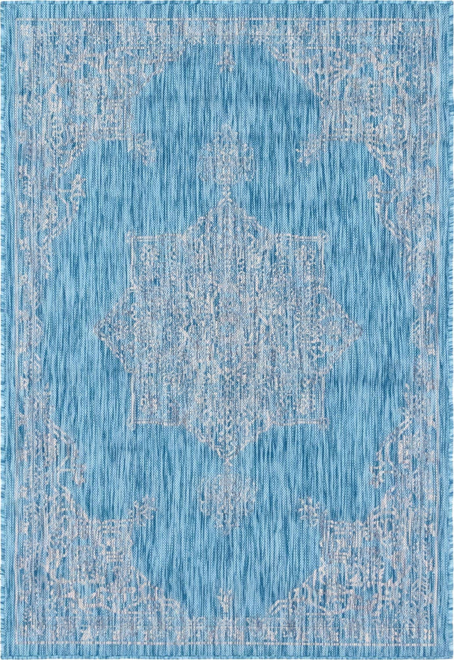 Light Aqua 4' 1 x 6' 1 Outdoor Traditional Rectangle Area Rug Weather Resistant for Patio, Deck, Terrace, Balcony, Porch Classical Design Outside Carpet for Sale at Rug Engine