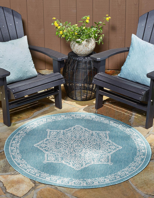 Light Aqua 4' 1 x 4' 1 Outdoor Traditional Round Area Rug Weather Resistant for Patio, Deck, Terrace, Balcony, Porch Classical Design Outside Carpet for Sale at Rug Engine