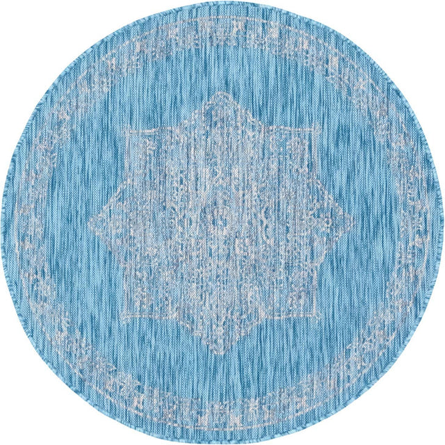 Light Aqua 4' 1 x 4' 1 Outdoor Traditional Round Area Rug Weather Resistant for Patio, Deck, Terrace, Balcony, Porch Classical Design Outside Carpet for Sale at Rug Engine