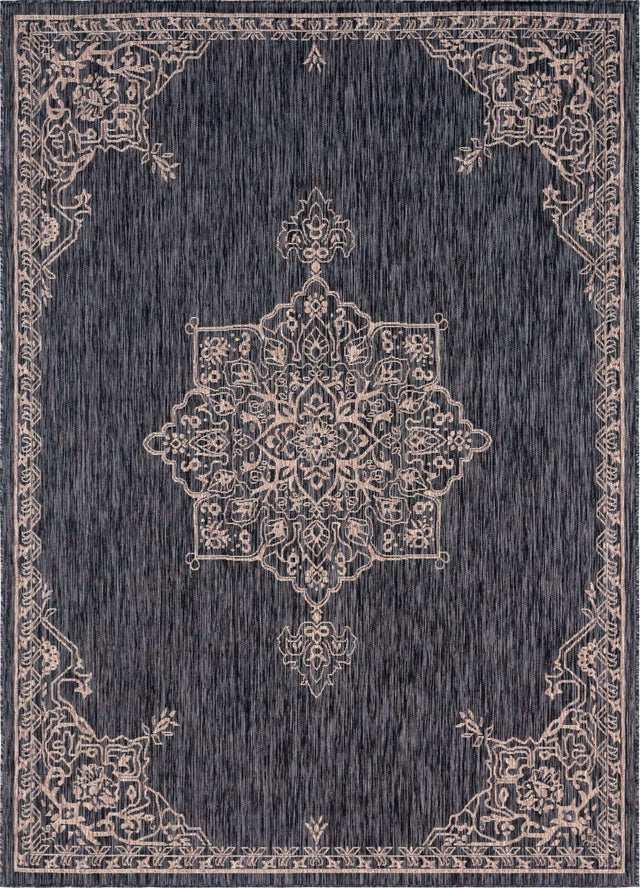 Charcoal Gray 7' 1 x 10' Outdoor Traditional Rectangle Area Rug Weather Resistant for Patio, Deck, Terrace, Balcony, Porch Classical Design Outside Carpet for Sale at Rug Engine
