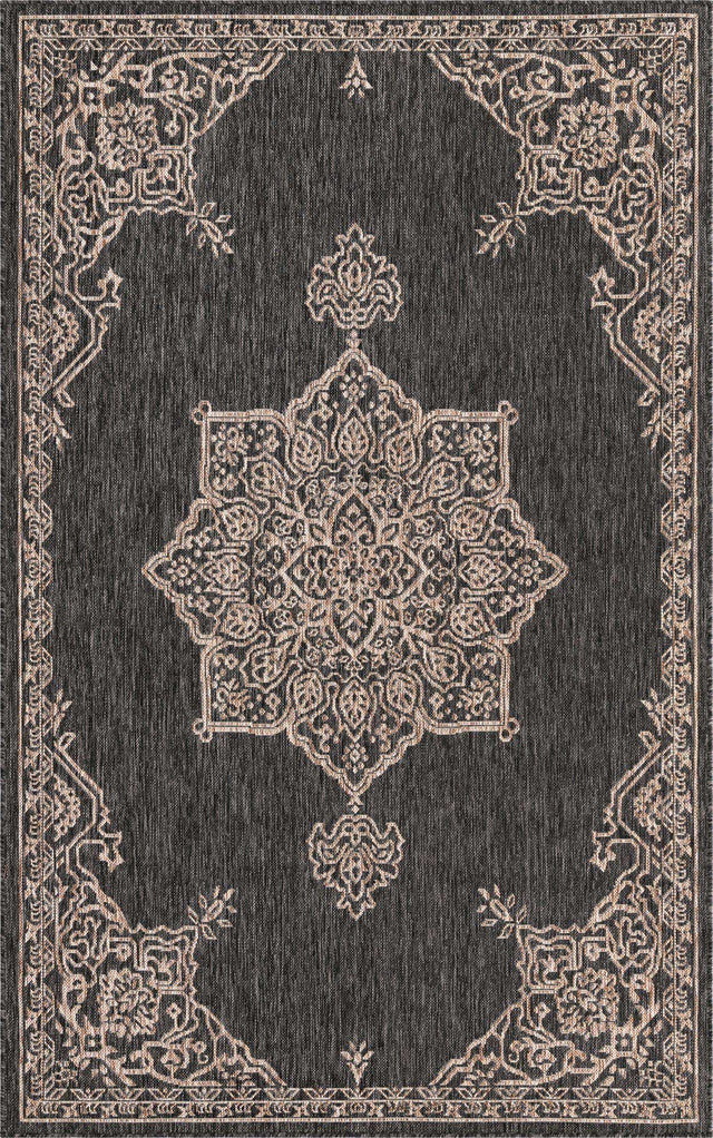 Charcoal Gray 5' 3 x 8' Outdoor Traditional Rectangle Area Rug Weather Resistant for Patio, Deck, Terrace, Balcony, Porch Classical Design Outside Carpet for Sale at Rug Engine