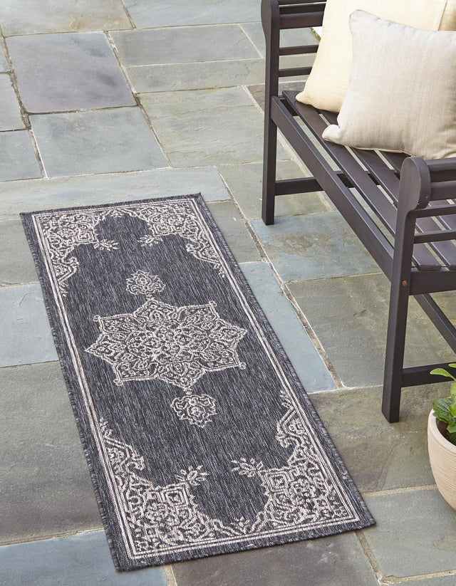Charcoal Gray 2' x 6' 1 Outdoor Traditional Runner Area Rug Weather Resistant for Patio, Deck, Terrace, Balcony, Porch Classical Design Outside Carpet for Sale at Rug Engine