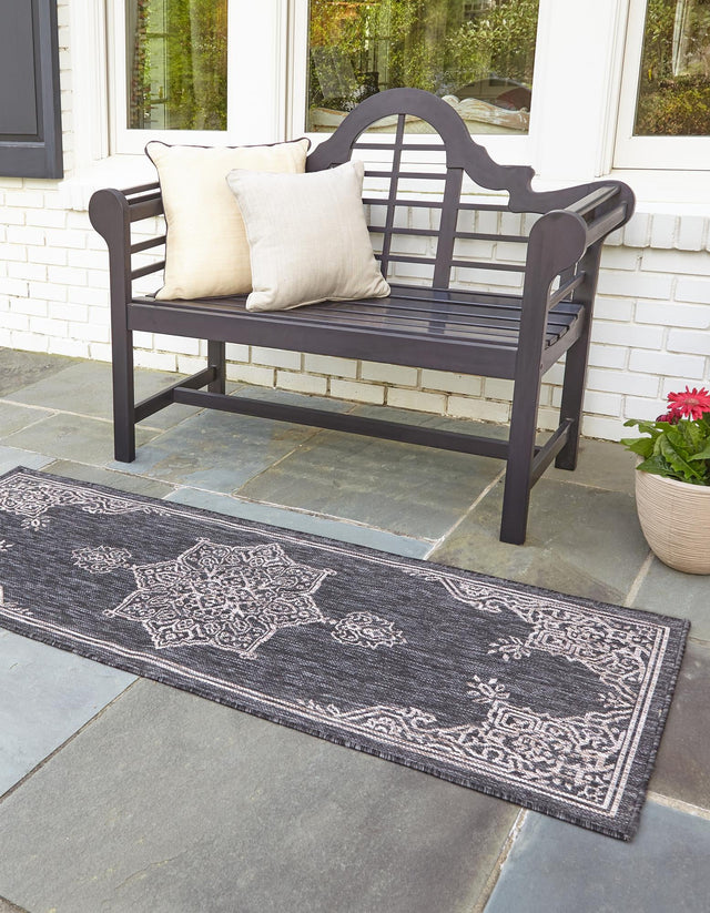 Charcoal Gray 2' x 6' 1 Outdoor Traditional Runner Area Rug Weather Resistant for Patio, Deck, Terrace, Balcony, Porch Classical Design Outside Carpet for Sale at Rug Engine