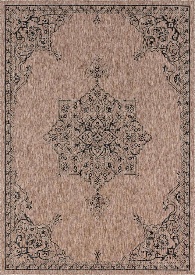 Beige 7' 10 x 11' Outdoor Traditional Rectangle Area Rug Weather Resistant for Patio, Deck, Terrace, Balcony, Porch Classical Design Outside Carpet for Sale at Rug Engine