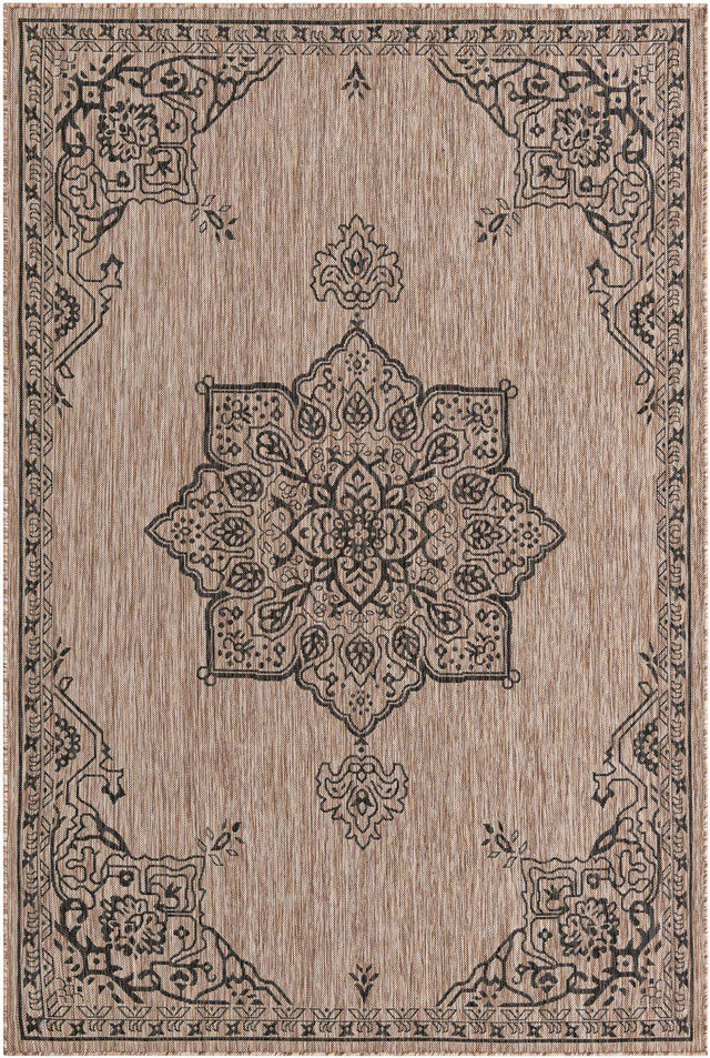Beige 6' 1 x 9' Outdoor Traditional Rectangle Area Rug Weather Resistant for Patio, Deck, Terrace, Balcony, Porch Classical Design Outside Carpet for Sale at Rug Engine