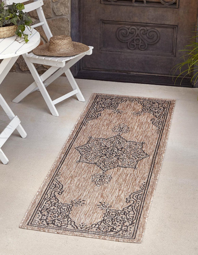 Beige 2' x 6' 1 Outdoor Traditional Runner Area Rug Weather Resistant for Patio, Deck, Terrace, Balcony, Porch Classical Design Outside Carpet for Sale at Rug Engine