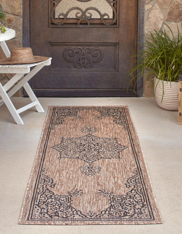 Beige 2' 7 x 10' Outdoor Traditional Runner Area Rug Weather Resistant for Patio, Deck, Terrace, Balcony, Porch Classical Design Outside Carpet for Sale at Rug Engine