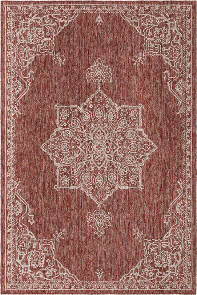 Rust Red 6' 1 x 9' Outdoor Traditional Rectangle Area Rug Weather Resistant for Patio, Deck, Terrace, Balcony, Porch Classical Design Outside Carpet for Sale at Rug Engine
