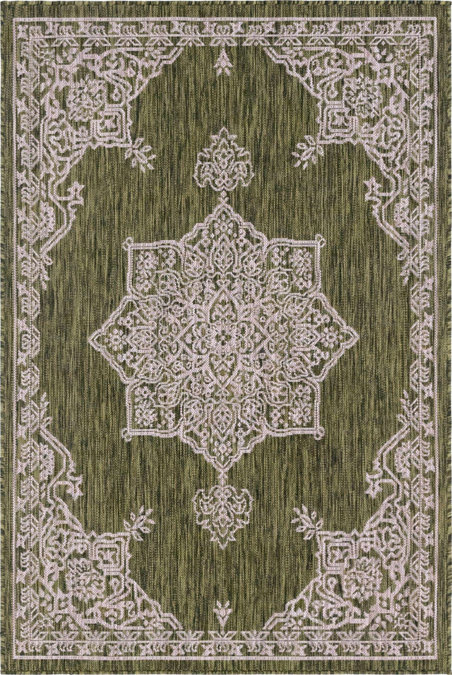 Green 4' 1 x 6' 1 Outdoor Traditional Rectangle Area Rug Weather Resistant for Patio, Deck, Terrace, Balcony, Porch Classical Design Outside Carpet for Sale at Rug Engine