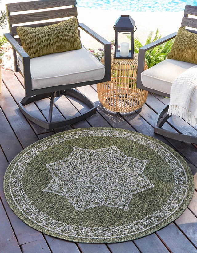 Green 10' x 10' Outdoor Traditional Round Area Rug Weather Resistant for Patio, Deck, Terrace, Balcony, Porch Classical Design Outside Carpet for Sale at Rug Engine