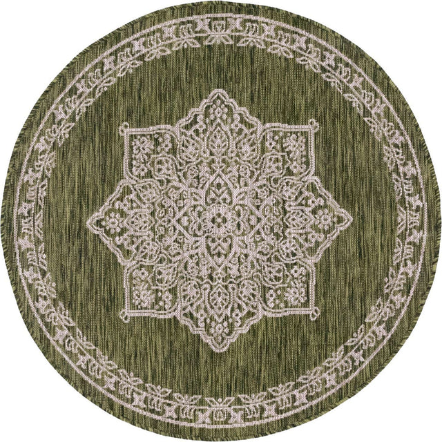 Green 4' 1 x 4' 1 Outdoor Traditional Round Area Rug Weather Resistant for Patio, Deck, Terrace, Balcony, Porch Classical Design Outside Carpet for Sale at Rug Engine