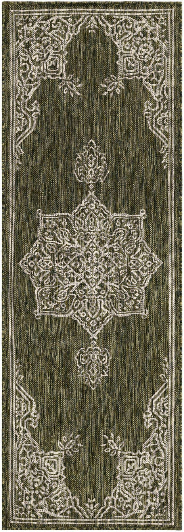 Green 2' x 6' 1 Outdoor Traditional Runner Area Rug Weather Resistant for Patio, Deck, Terrace, Balcony, Porch Classical Design Outside Carpet for Sale at Rug Engine