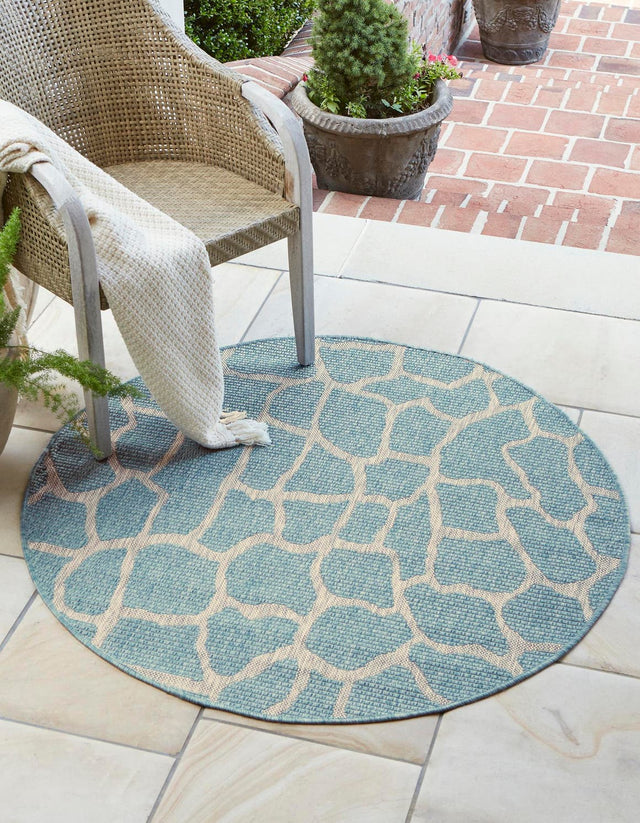 Light Aqua 4' 1 x 4' 1 Outdoor Safari Round Area Rug Weather Resistant for Patio, Deck, Terrace, Balcony, Porch Animal Print Wildlife Nature Carpet for Sale at Rug Engine