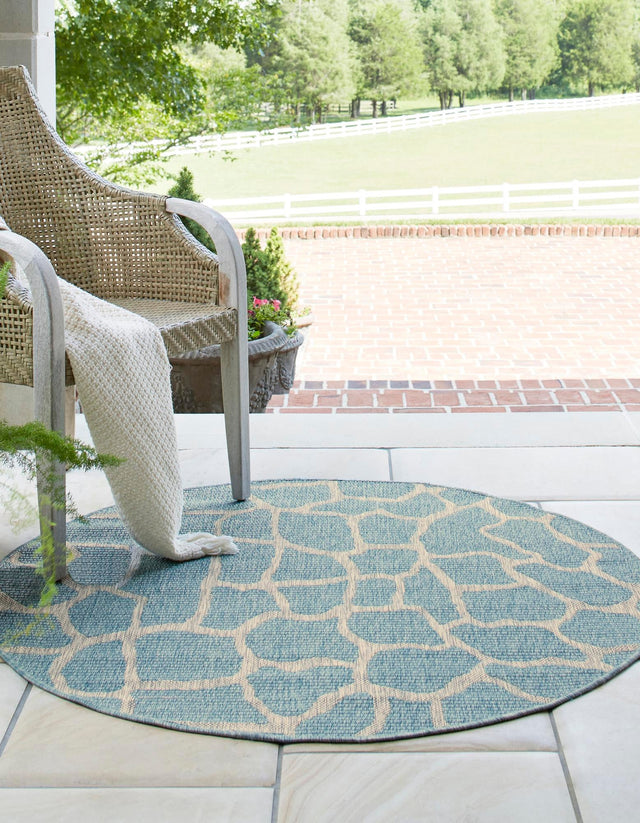 Light Aqua 4' 1 x 4' 1 Outdoor Safari Round Area Rug Weather Resistant for Patio, Deck, Terrace, Balcony, Porch Animal Print Wildlife Nature Carpet for Sale at Rug Engine