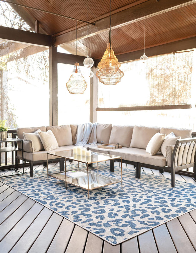 Blue 7' 10 x 11' Outdoor Safari Rectangle Area Rug Weather Resistant for Patio, Deck, Terrace, Balcony, Porch Animal Print Wildlife Nature Carpet for Sale at Rug Engine