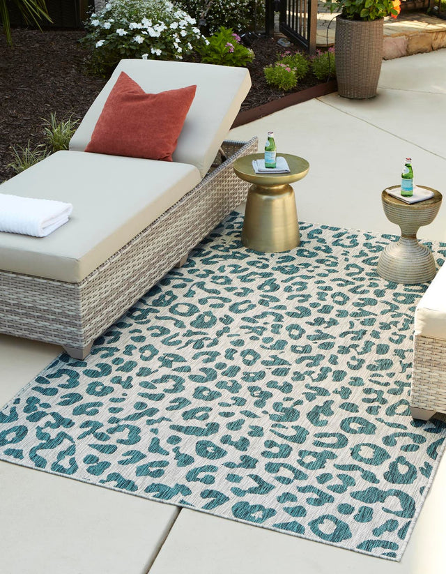 Teal 6' 1 x 9' Outdoor Safari Rectangle Area Rug Weather Resistant for Patio, Deck, Terrace, Balcony, Porch Animal Print Wildlife Nature Carpet for Sale at Rug Engine
