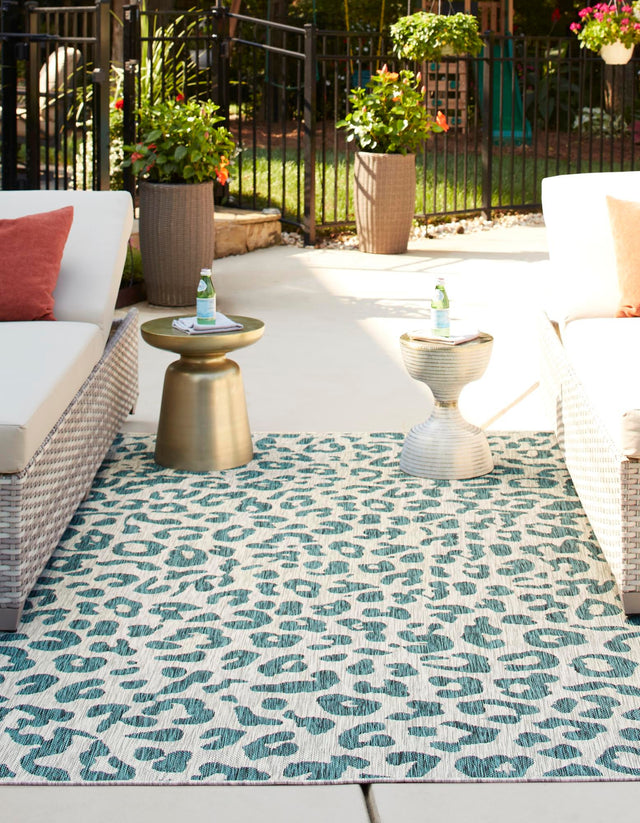 Teal 6' 1 x 9' Outdoor Safari Rectangle Area Rug Weather Resistant for Patio, Deck, Terrace, Balcony, Porch Animal Print Wildlife Nature Carpet for Sale at Rug Engine