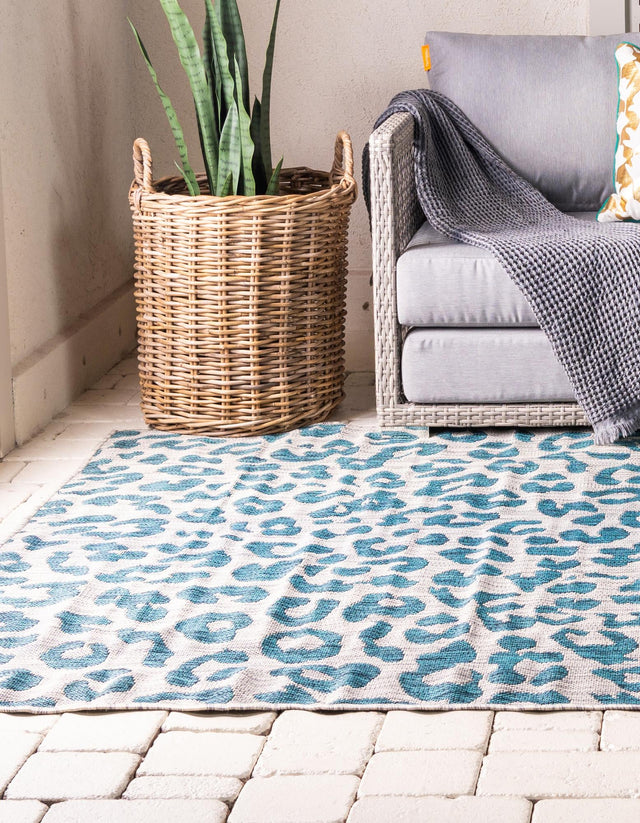 Teal 6' 1 x 9' Outdoor Safari Rectangle Area Rug Weather Resistant for Patio, Deck, Terrace, Balcony, Porch Animal Print Wildlife Nature Carpet for Sale at Rug Engine
