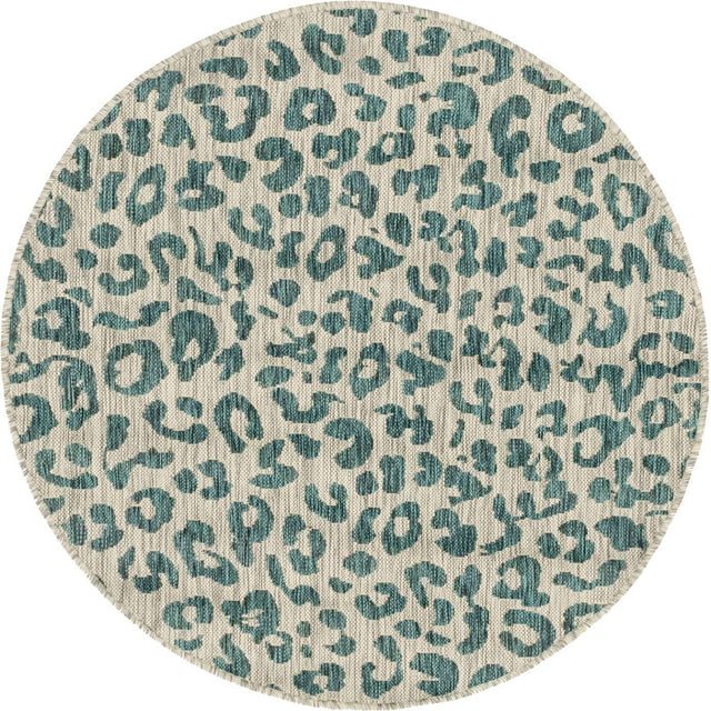 Teal 4' 1 x 4' 1 Outdoor Safari Round Area Rug Weather Resistant for Patio, Deck, Terrace, Balcony, Porch Animal Print Wildlife Nature Carpet for Sale at Rug Engine
