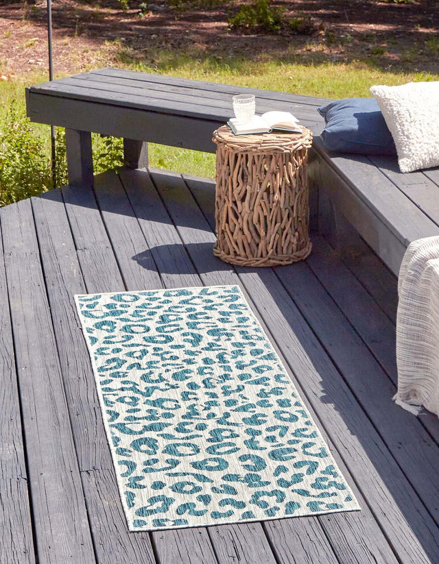 Teal 2' x 6' 1 Outdoor Safari Runner Area Rug Weather Resistant for Patio, Deck, Terrace, Balcony, Porch Animal Print Wildlife Nature Carpet for Sale at Rug Engine