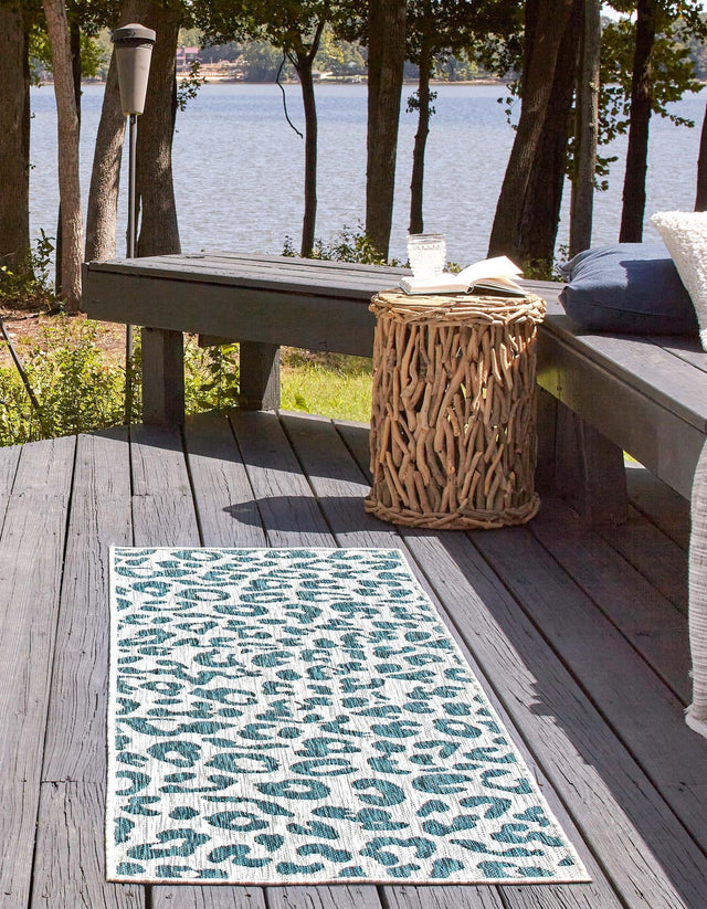 Teal 2' x 6' 1 Outdoor Safari Runner Area Rug Weather Resistant for Patio, Deck, Terrace, Balcony, Porch Animal Print Wildlife Nature Carpet for Sale at Rug Engine