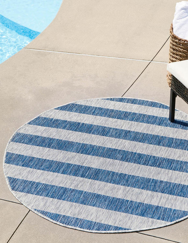 Blue 4' 1 x 4' 1 Outdoor Striped Round Area Rug Weather Resistant for Patio, Deck, Terrace, Balcony, Porch Geometric Pattern Waterproof Carpet for Sale at Rug Engine